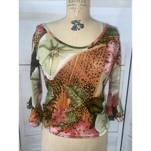 Women’s Y2K Stretch Mesh Cheetah Floral Top Blouse Beaded Fairy Sz Medium